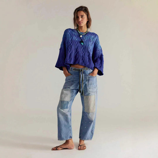 Damen nan hochgeschnittene Jeans im weiten Schnitt mit aufgesetzten Taschen und Kordelzug EB