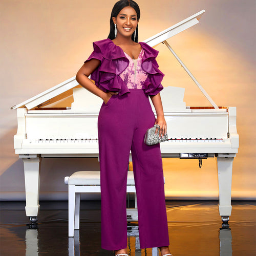 Damen eleganter Jumpsuit mit voluminösen Rüschendetails EB
