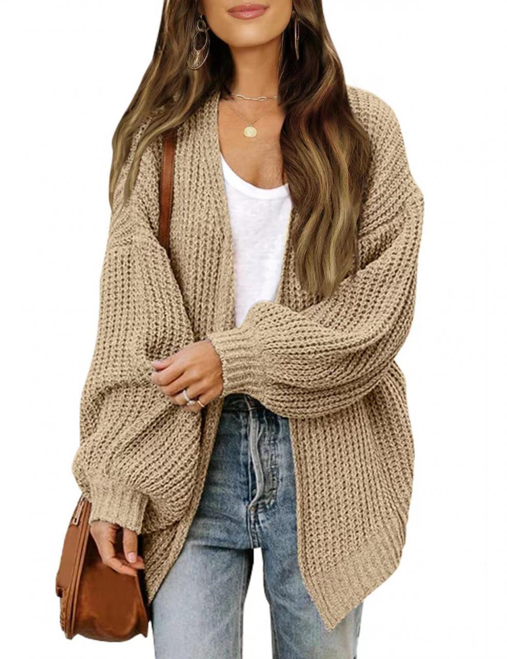 Damen lockerer Strickcardigan mit voluminösen Ärmeln und strukturiertem Design EB