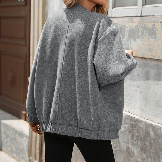 Damen Oversize-Jacke im Bomberstil mit Rundhalsausschnitt, Druckknopfleiste und aufgesetzten Taschen EB
