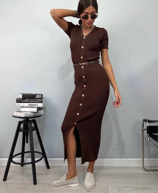 Damen Midi-Kleid mit strukturiertem Rippdesign und Knopfleiste EB