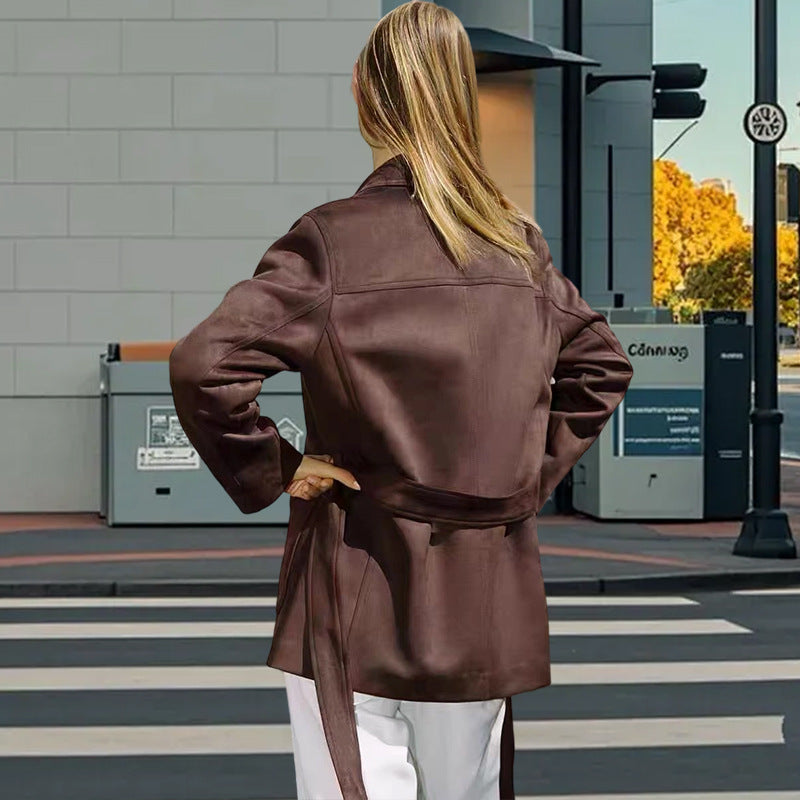 Damen modische Kunstlederjacke mit Taillengürtel und praktischen Taschen EB