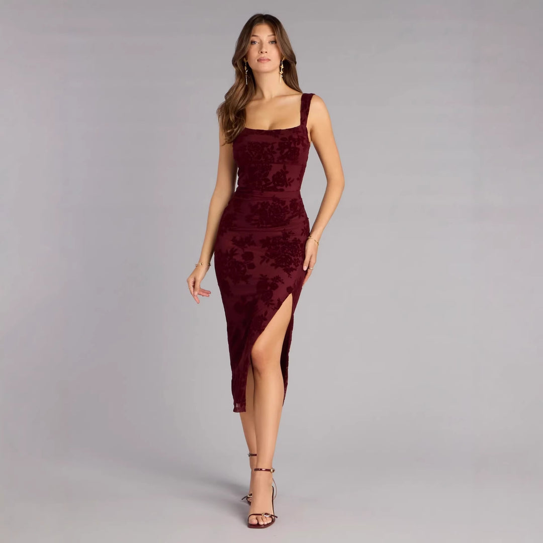 Damen Figurbetontes Kleid mit Spitzenmuster und Schlitz EB
