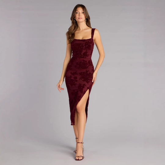 Damen Figurbetontes Kleid mit Spitzenmuster und Schlitz EB