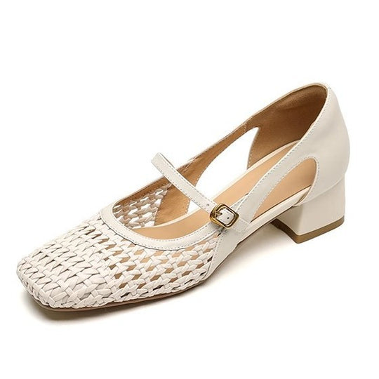 Damen elegante Mary Jane Pumps mit modischem Geflecht und bequemem Blockabsatz EB