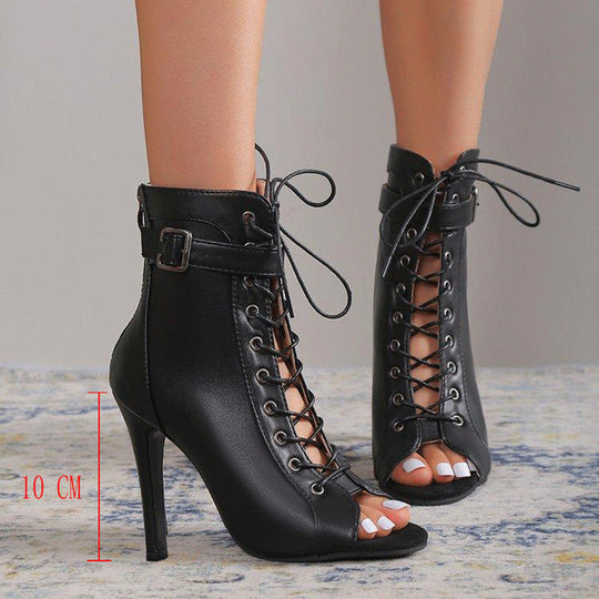 Damen Schnürstiefeletten mit offener Zehenpartie und hohem Absatz EB