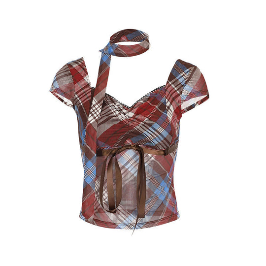 Damen Elegantes Karomuster-Bluse mit verstellbarem Bindegürtel und Spitzenakzenten EB