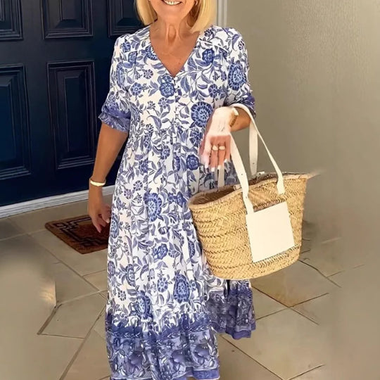 Damen Maxikleid mit raffiniertem Volant und floralem Design Heidi-Mode