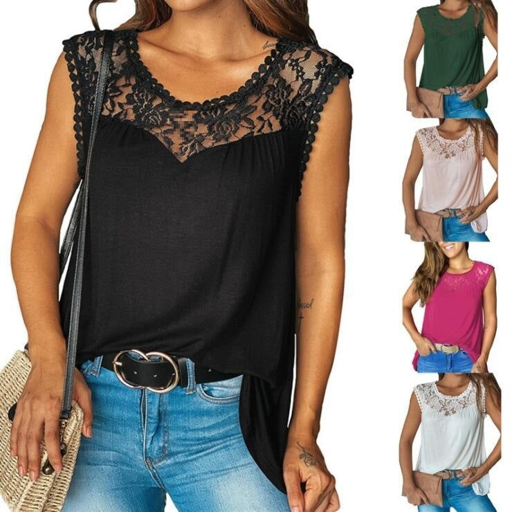 Damen asymmetrisches Top mit Spitzenmuster und lockerer Passform EB