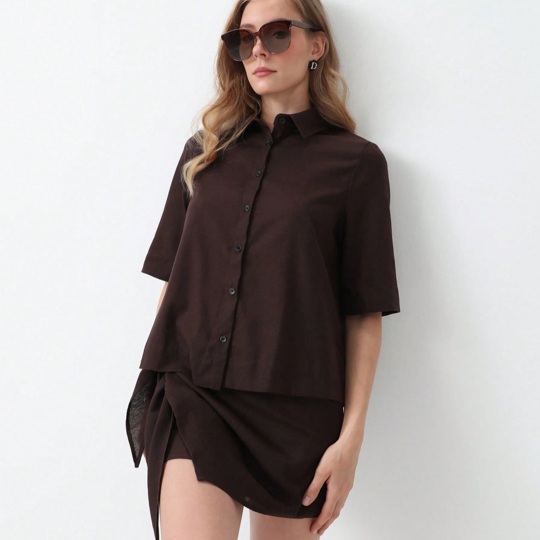 Damen stylisches Kurzarm-Kleid mit Wickelrock EB