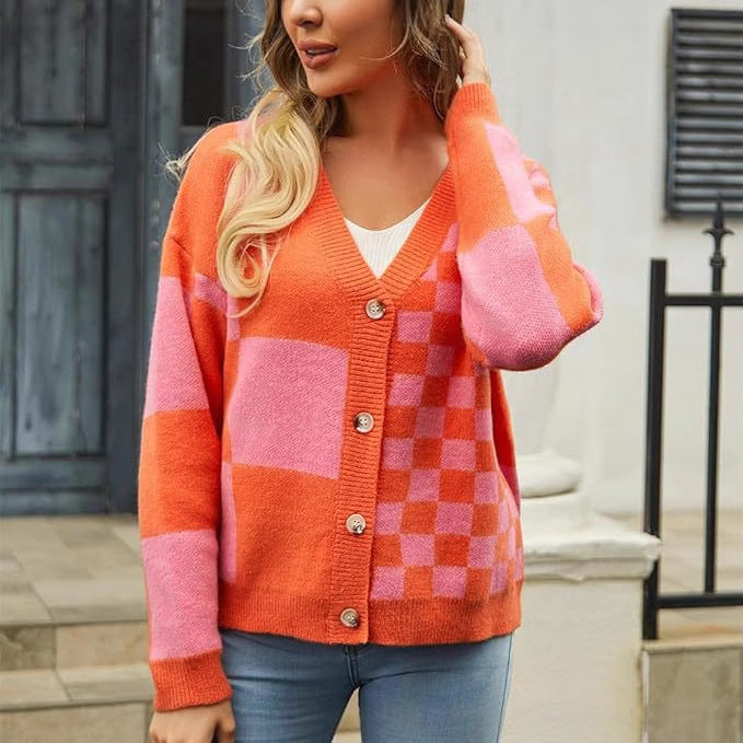 Damen modischer V-Ausschnitt Cardigan mit Karomuster EB