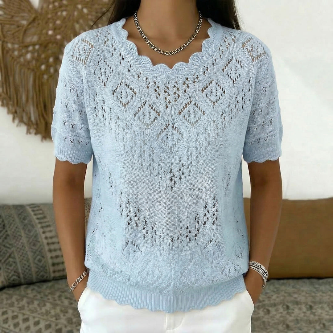 Damen nan kurzärmeliger Spitzenstrickpullover mit Ajourmuster und geschwungenem Ausschnitt EB