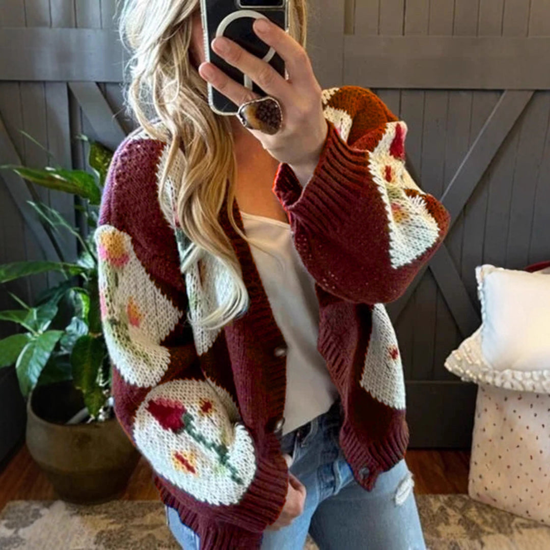 Damen Strickjacke mit floralem Muster und dekorativem Knopfdesign EB
