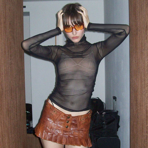 Damen trendiges, transparentes Longsleeve-Oberteil mit Stehkragen und Designfalten EB
