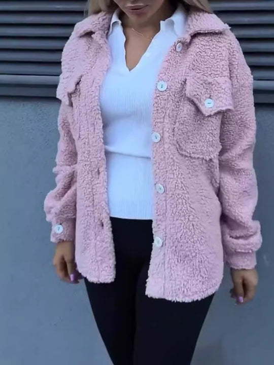 Damen Teddyjacke mit modischen Taschen und Knopfverschluss EB