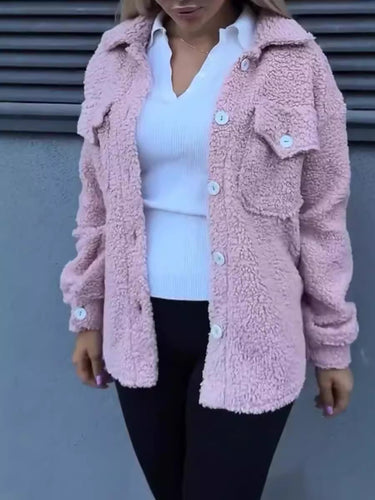 Damen Teddyjacke mit modischen Taschen und Knopfverschluss EB