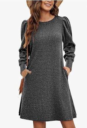 Damen nan gestricktes A-Linien Strickkleid mit Puffärmeln EB