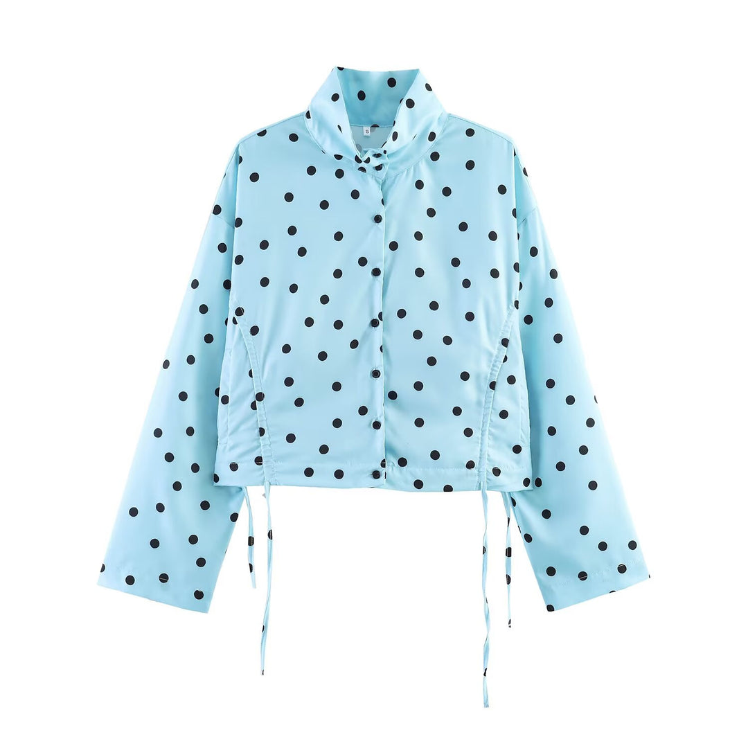 Damen nan kurz geschnittene gepunktete Regenjacke mit Stehkragen, Druckknopfleiste und Kordelzug EB