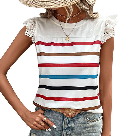 Damen T-Shirt mit Spitzenärmeln und gestreiftem Design EB