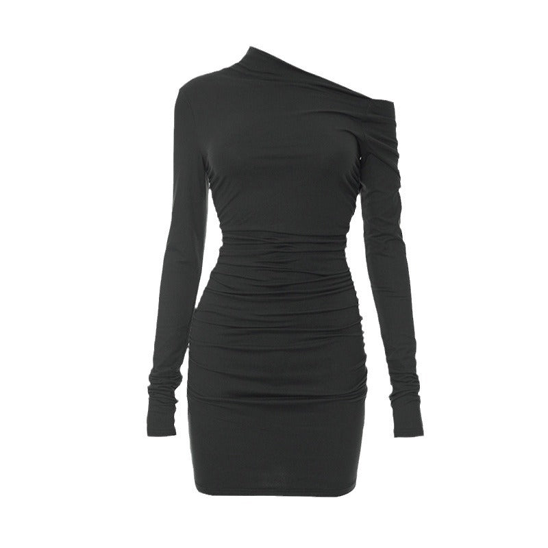 Damen Langarm Minikleid mit feinen Rüschendetails und asymmetrischem Ausschnitt EB