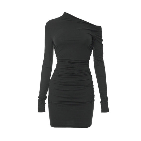 Damen Langarm Minikleid mit feinen Rüschendetails und asymmetrischem Ausschnitt EB