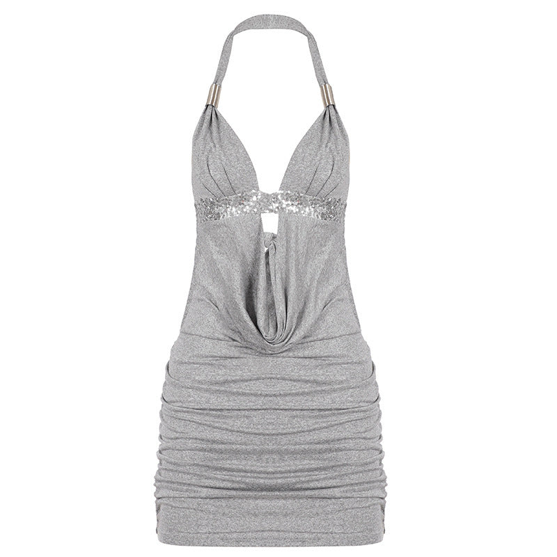 Damen Elegantes Halterkleid mit Raffungen und funkelnden Akzenten EB