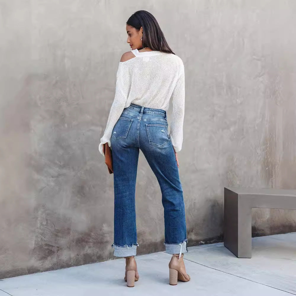Damen lässige Flared Jeans mit modischen Fransen und hohem Bund EB