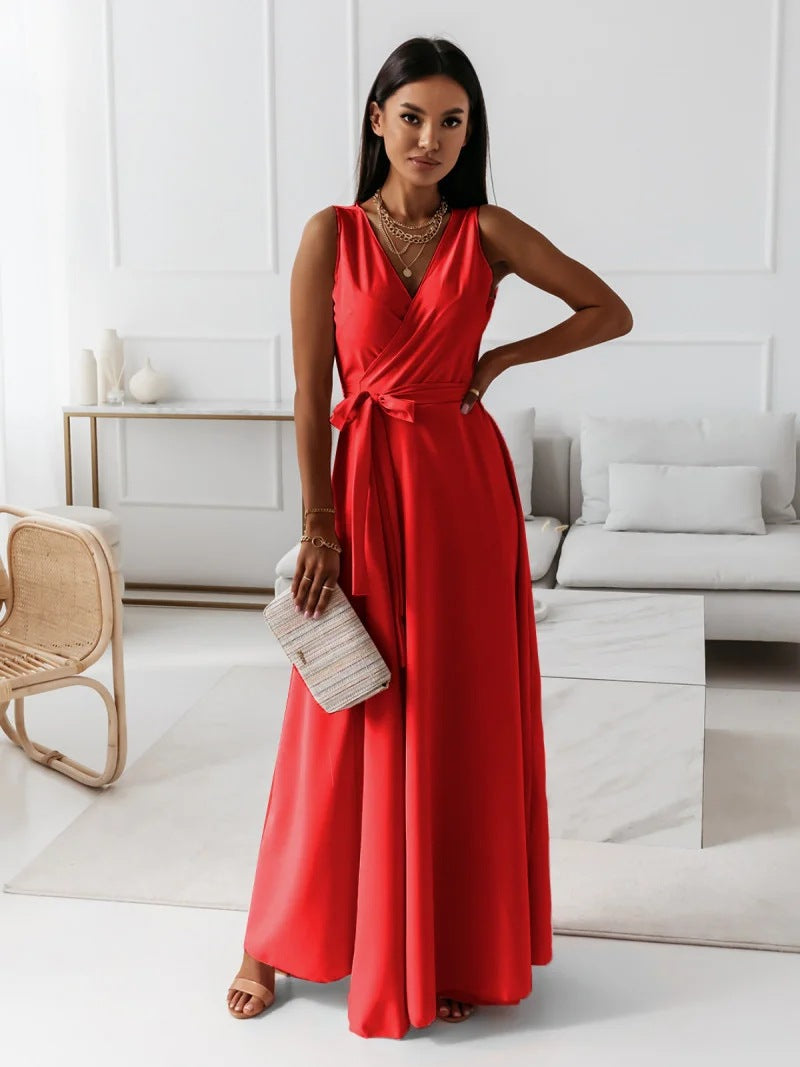 Damen Wickel-Maxikleid mit tiefem V-Ausschnitt und fließendem Schnitt EB
