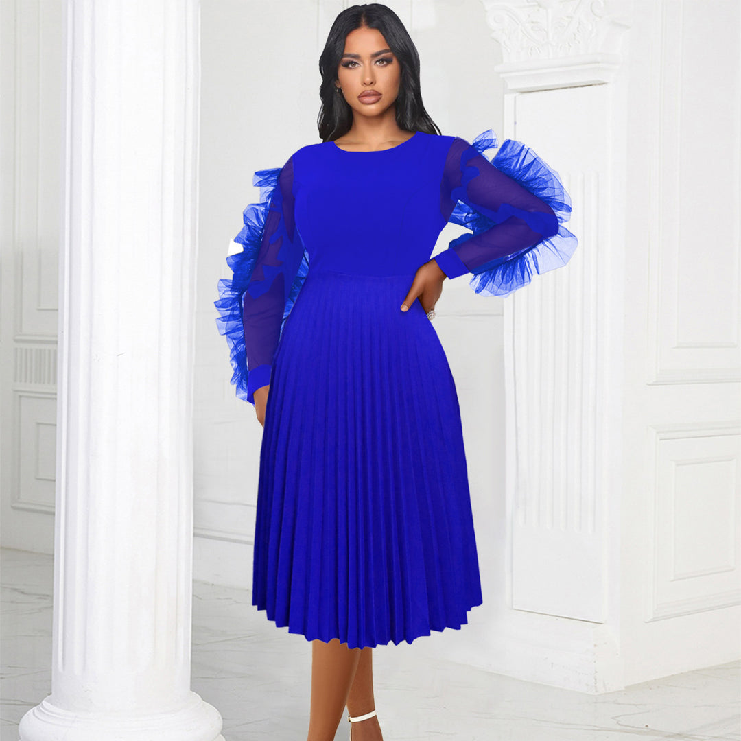Damen plissiertes Kleid mit voluminösen Tüllärmeln EB