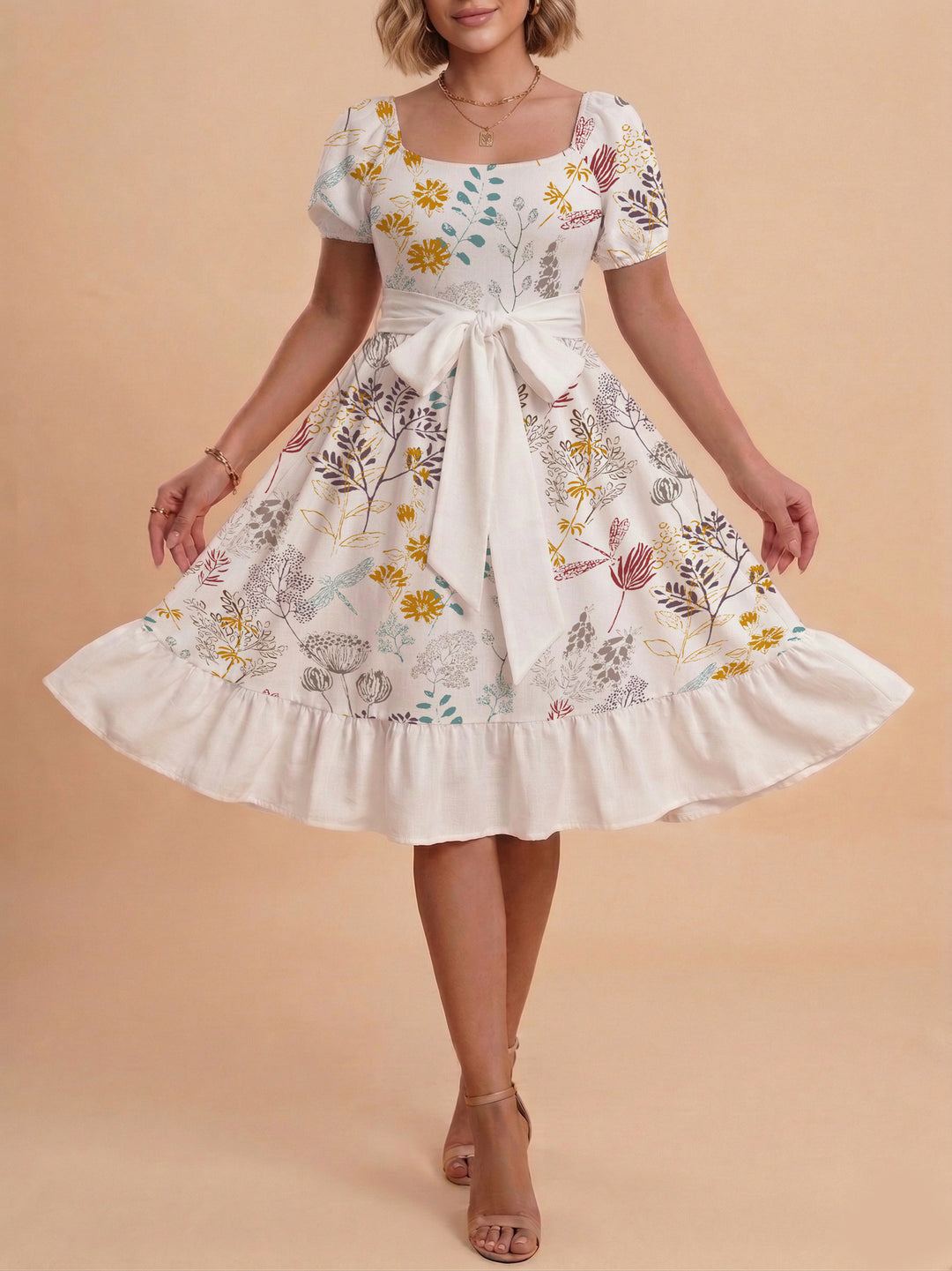 Damen modernes Blumenkleid mit elegantem Taillengürtel und asymmetrischem Saum EB