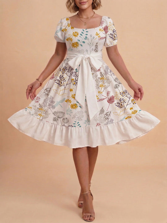 Damen modernes Blumenkleid mit elegantem Taillengürtel und asymmetrischem Saum EB