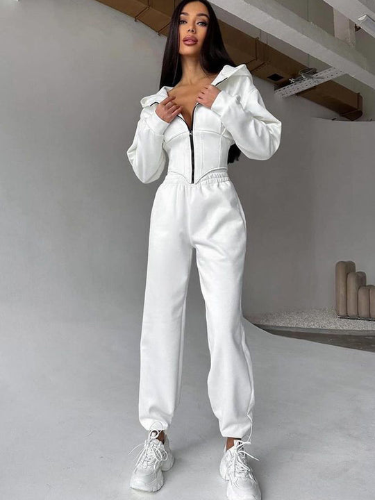 Damen Lässiger Utility-Jumpsuit mit hohem Kragen und Reißverschluss EB