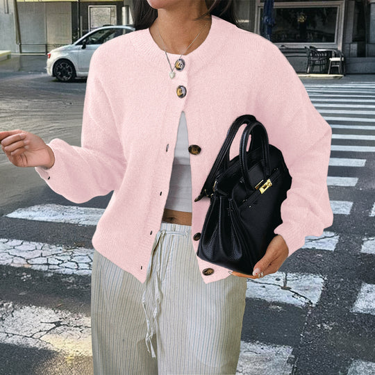 Damen nan kuscheliger Oversize-Strickcardigan mit Hornknopf-Leiste und Rundhalsausschnitt EB