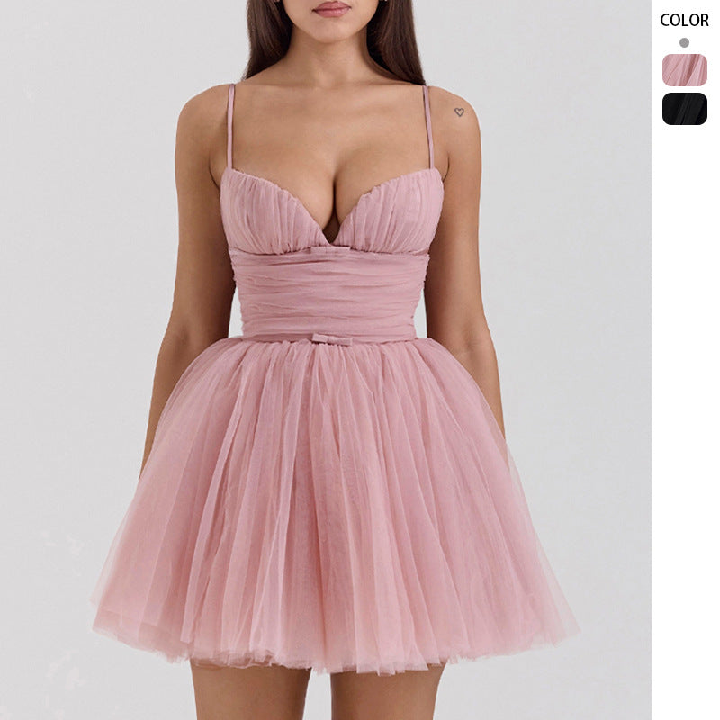 Damen Tüll Cocktailkleid mit tiefem V-Ausschnitt und gerafftem Oberteil EB