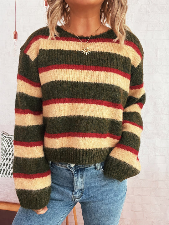 Damen gemusterter Strickpullover mit breiten Streifen und lässigem Schnitt EB