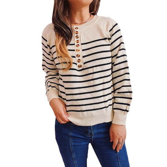 Damen gestreifter Strickpullover mit Knopfdetails und lässigem Schnitt EB