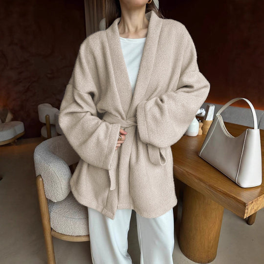 Damen modische offene Strickjacke mit Taillengürtel und weitem Schnitt EB