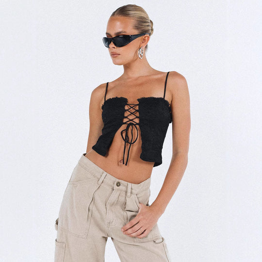 Damen Spitzen-Top mit Schnürung und Rüschendetail EB