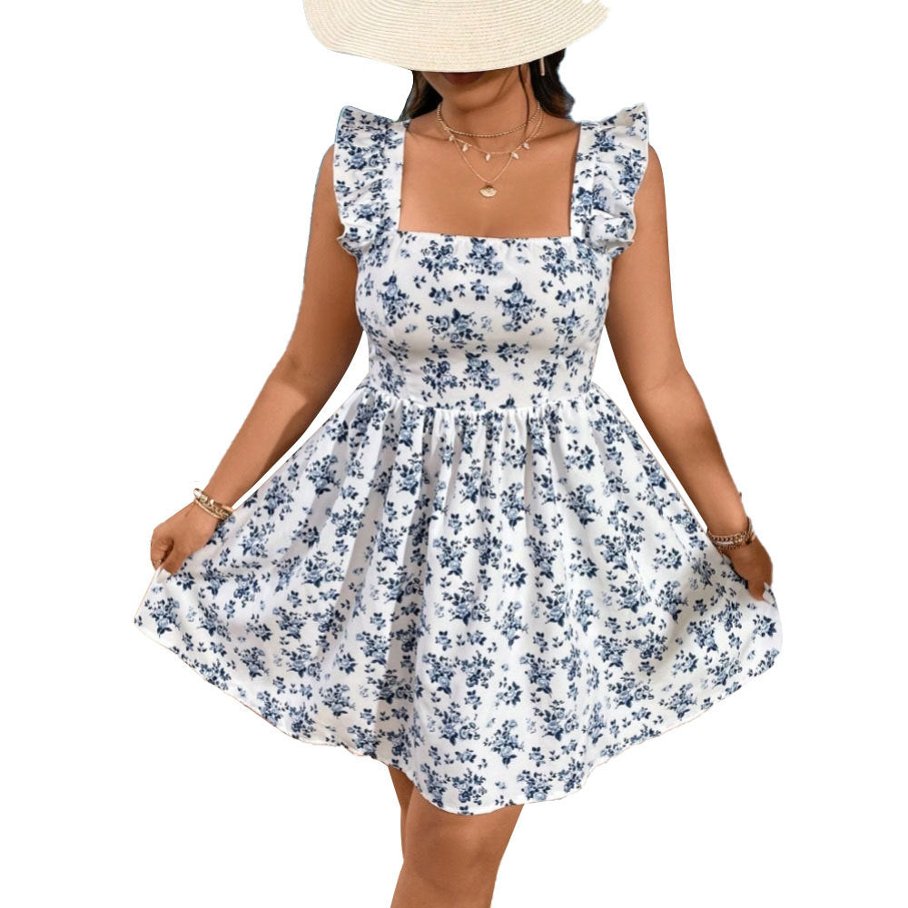 Damen Sommerliches Blütenkleid mit Rüschendetails und Quadrat-Ausschnitt EB