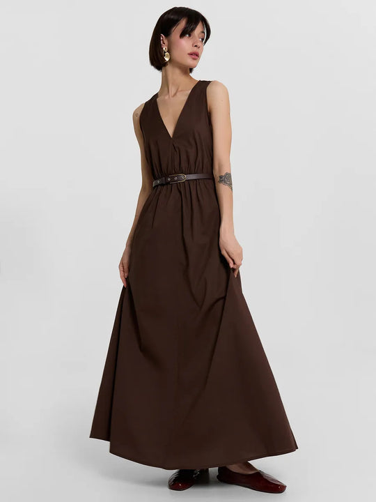 Damen Maxikleid mit stilvollem V-Ausschnitt und Taillengürtel EB