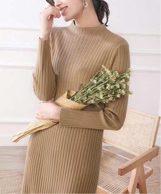 Damen Strickkleid mit feiner Rippstruktur und hohem Kragen EB