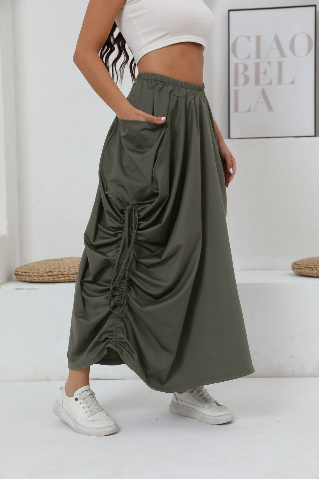 Damen Maxirock mit seitlichen Raffungen und praktischen Taschen EB