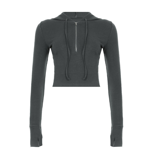 Damen nan kurzes Ripp-Kapuzenhoodie mit halbem Reißverschluss, langen Ärmeln und Daumenloch EB