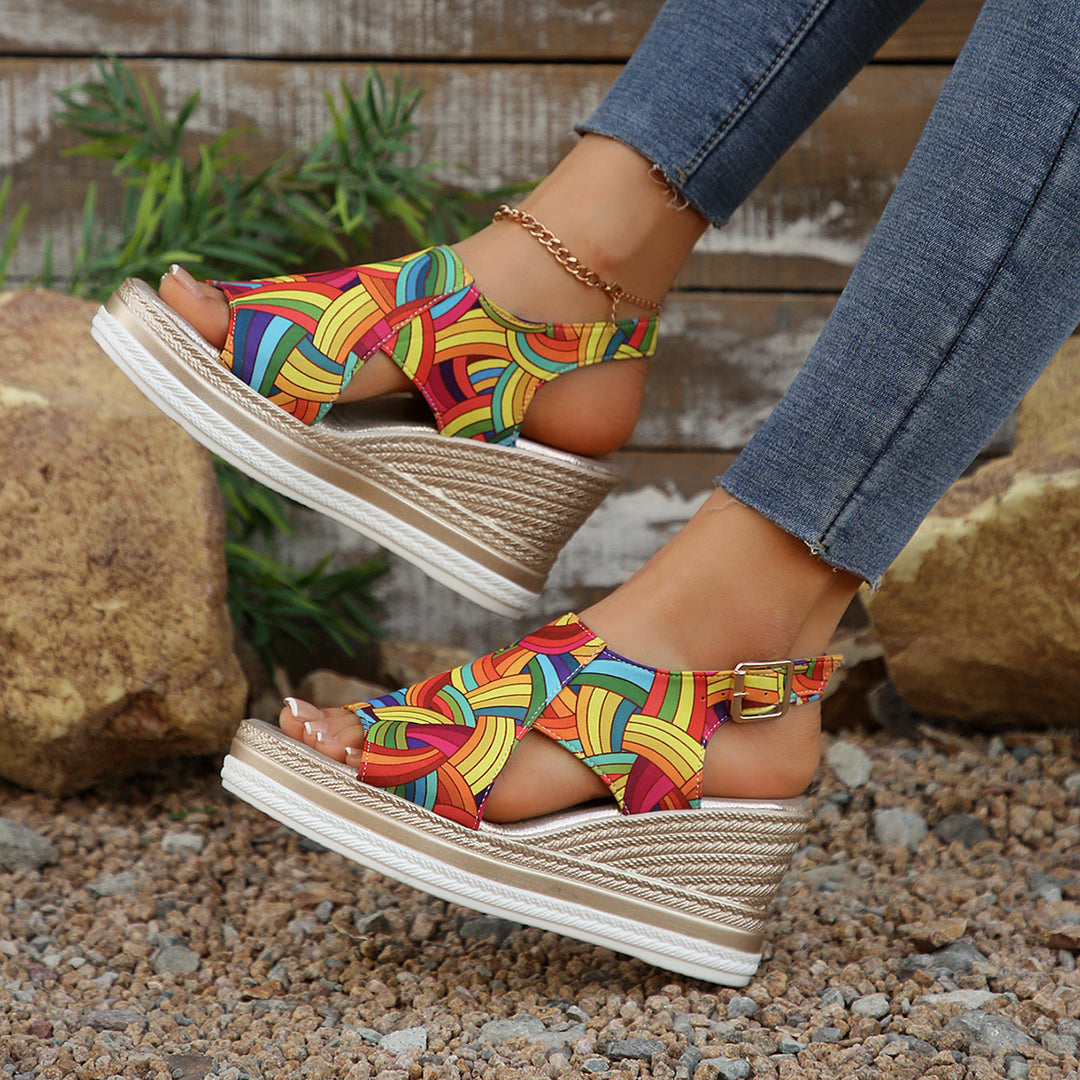 Damen Wedge-Sandalen mit buntem geometrischem Muster EB