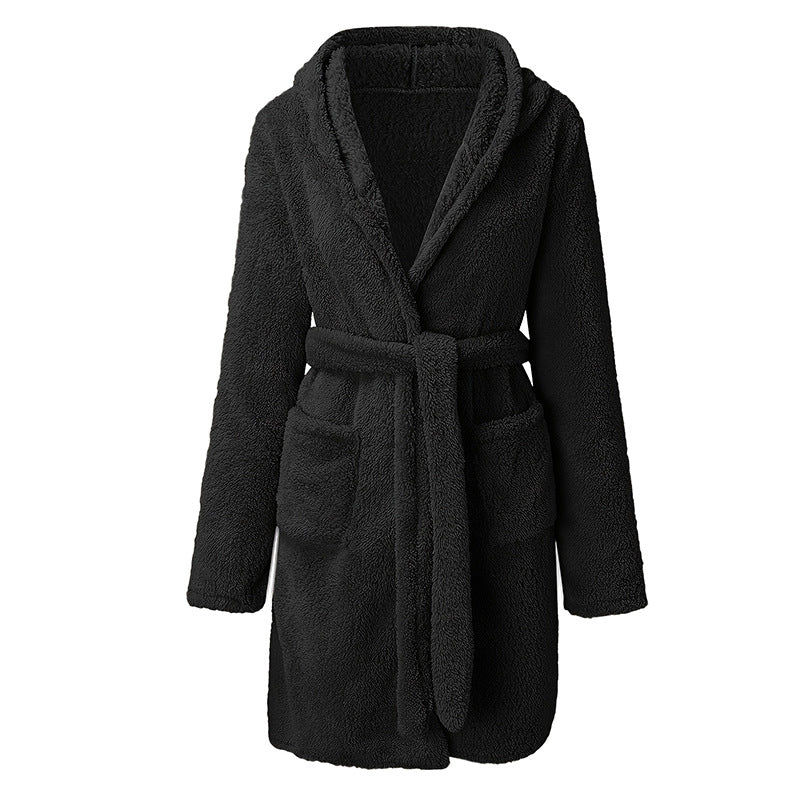 Damen Kuscheliger Fleece-Bademantel mit Kapuze und praktischen Taschen EB