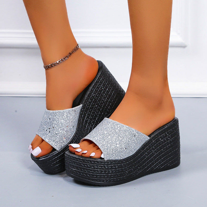 Damen Wedge-Pantoletten mit glitzerndem Obermaterial und rutschfester Sohle EB