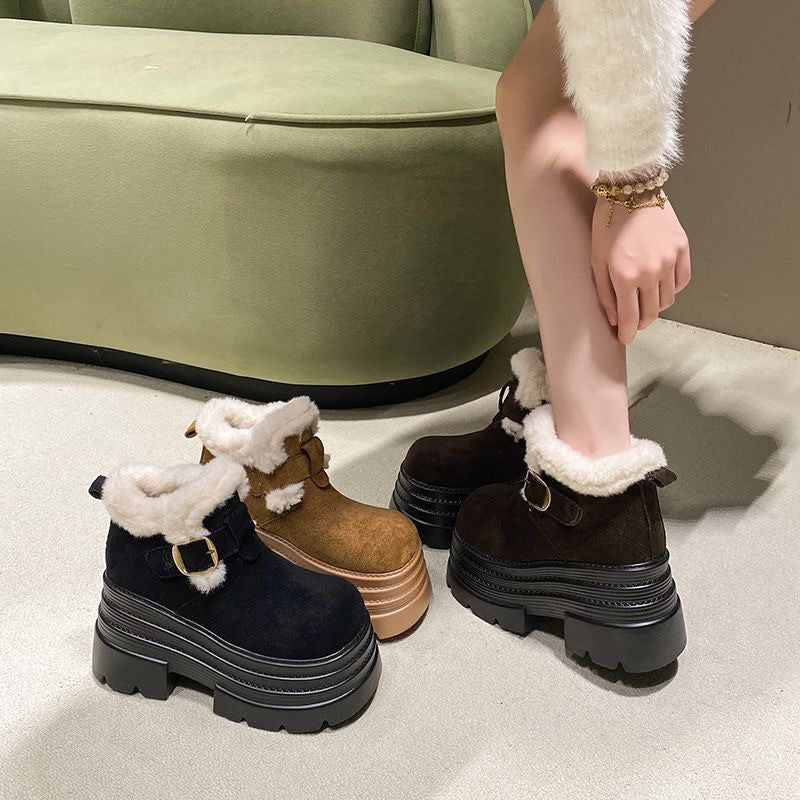 Damen Flauschige Plateau Stiefeletten mit modischer Schnalle EB
