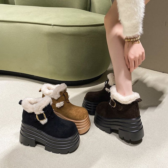 Damen Flauschige Plateau Stiefeletten mit modischer Schnalle EB