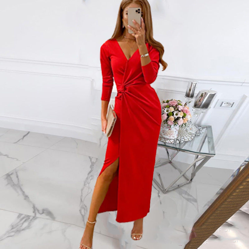 Damen Wickelmaxikleid mit elegantem Schlitz und tiefem V-Ausschnitt EB