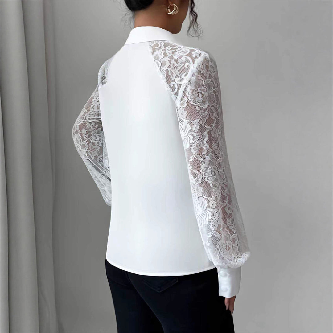 Damen Elegante Bluse mit Spitzeneinsätzen und Hemdkragen EB
